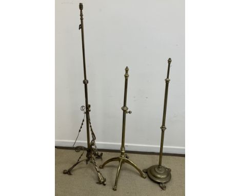 Three various circa 1900 brass telescopic standard lamp bases together with a folding cake stand, early 20th Century nest of 