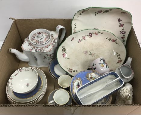 Two boxes of various china to include a Victorian Staffordshire Pottery figure of poodle with basket, New Hall type floral sp