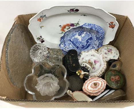 A box containing assorted sundry items to include an Orrefors bowl in the form of a flower head, a glass candlestick and a pa