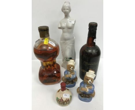 One bottle Adet Seward Bordeaux Beehive Brandy, one bottle Girolamo Luxardo Cherry Liqueur in pottery Venus bottle, one bottl