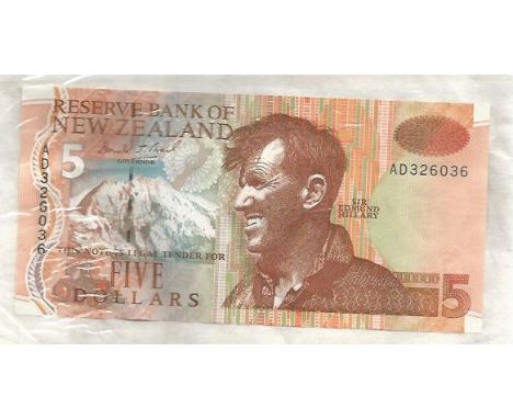Sir Edmund Hillary New Zealand Five Dollar banknote with his portrait. Good Condition. All signed items come with our certifi