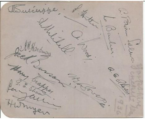 Yorkshire 1936 Cricket team signed autograph album page 14 autographs inc Wood, Hardman, Rhodes, Hutton, Shaw. Good Condition