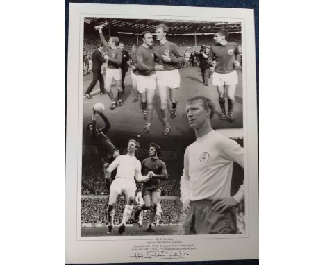 Jack Charlton signed 16x1 2 b/w montage photo. English former footballer and manager who played as a defender. He was part of