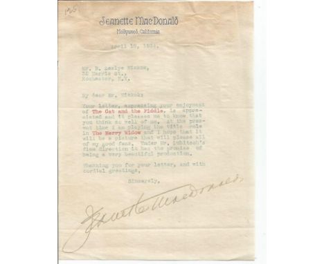 Jeanette Macdonald TLS dated 18/4/1934 replying to a letter expressing enjoyment of The Cat and the Fiddle at the time of the