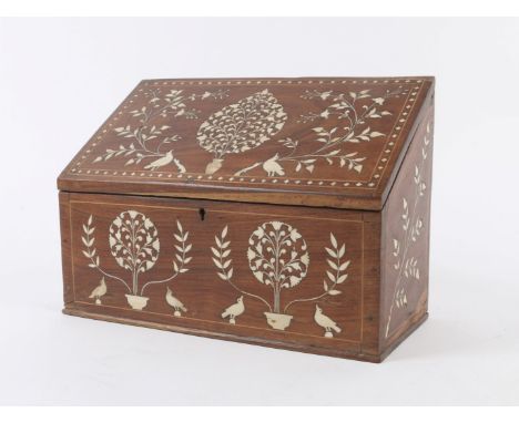 AN INDIAN SHEESHAM WOOD CORRESPONDENCE BOX with sectional interior and hinged rising lid and bone inlaid bird and foliate dec