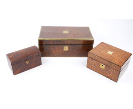 A VICTORIAN BURR WALNUT AND BRASS BOUND TABLE DESK, a parquetry similar example and a walnut dome top tea caddy (3)