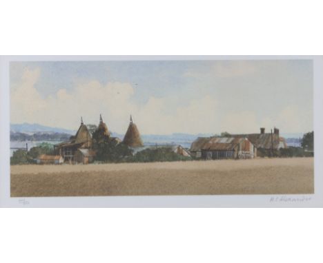 AFTER M.C. ALEXANDER Field with oast houses, colour print, pencil signed in margin and numbered 446/850, 13 x 31cm; and compa
