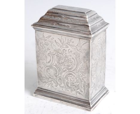 *An 18th century white metal tea caddy, of rectangular form, having a stepped hinged top, the body having foliate engraved an