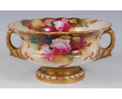 *A large Royal Worcester bowl, of squat circular form, having a scalloped edge with naturalistic twin handles, hand-painted w