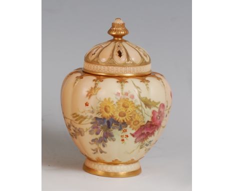 *A large Royal Worcester porcelain blush ivory pot pourri, the pierced dome cover with gilt finial to a squat melon body, han