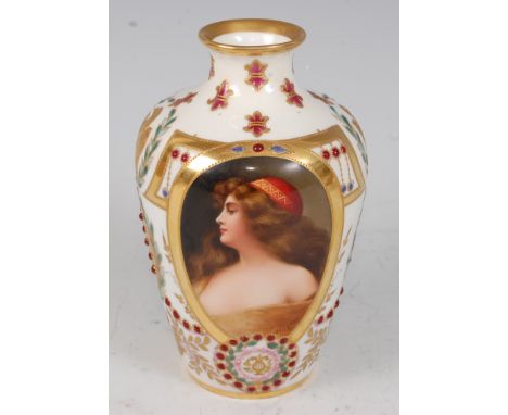 *A 19th century Vienna porcelain vase, of squat baluster form, the central panel hand-painted with a bust portrait of a semi-