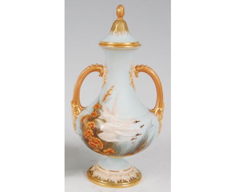 *A Royal Worcester twin handled vase and cover, on a turquoise ground, enamel decorated with swans amidst foliage, signed G J