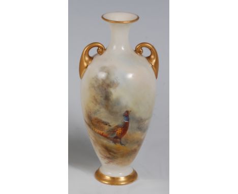 *A Royal Worcester porcelain twin handled vase, of baluster form, hand-painted with pheasant amidst a landscape, signed Jas. 