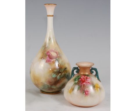 *A Hadley's Worcester bottle vase, having a flared rim to a slender neck and bulbous lower body, hand-painted with roses, hav