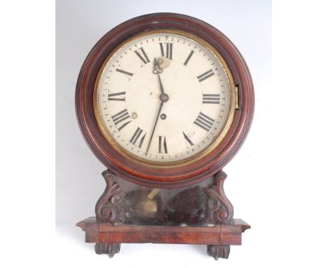 A Victorian mahogany wall clock, having an unsigned white enamel circular dial, dia.8", single winding hole for an eight day 