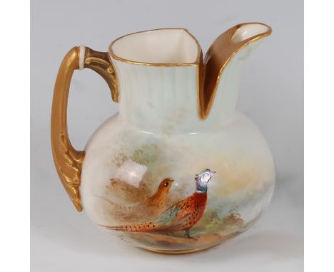 *A Royal Worcester porcelain jug, of squat globular form, with gilt spout and handle, hand-painted with a cock and hen pheasa