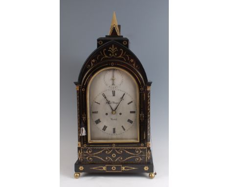 A Victorian ebony and brass inlaid table clock, the silvered dial signed Chas. Desprez Bristol, having strike-silent dial to 