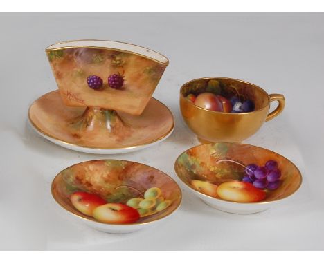 *A Royal Worcester bone china match-holder, of fan shape to a circular dished base, hand-painted with apples and blackberries