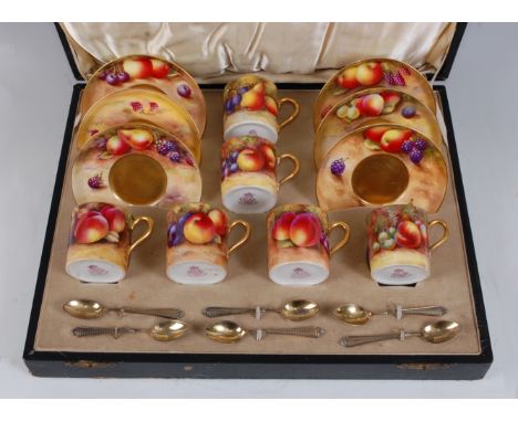 *A cased matched set of Six Royal Worcester porcelain coffee cans and saucers, each piece hand-painted with various fruits an