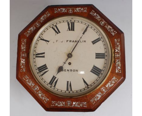 A Victorian rosewood and mother of pearl inlaid octagonal wall clock, the white enamel dial signed F.J. Franklin Benson, sing