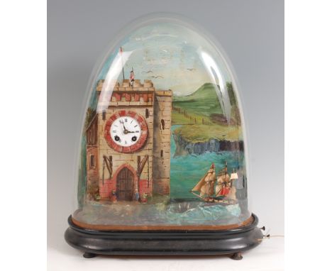 A Victorian musical automata clock diorama, modelled as a coastal fort, the tower inset with white enamel clock dial, having 