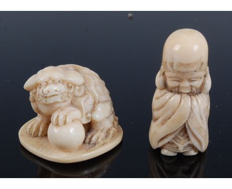 A Japanese Meiji period carved ivory netsuke of a shi-shi dog, its left foot upon a ball, signed verso, h.3cm; and one other 