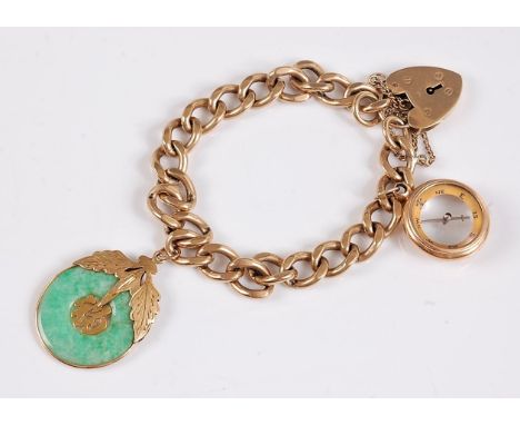 A 9ct charm bracelet, the flat curblink bracelet, each link stamped 375, with 9ct heart shaped padlock clasp, set with a jade