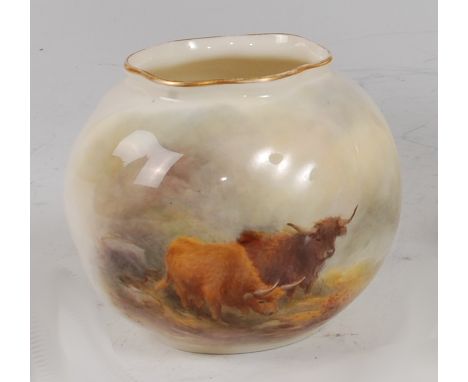 *A Royal Worcester porcelain Wrythern moulded spherical vase, hand-painted with Highland cattle, signed H. Stinton, having gr