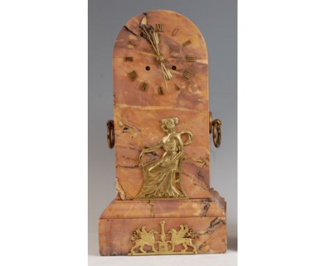 A 19th century French pink marble mantel clock, with gilt metal mounts, the dial as raised Roman numerals, the hands as arrow