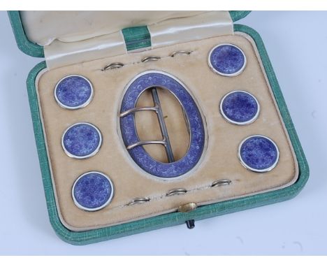 A cased set of silver and enamel buckle and matching buttons, the oval lavendar and white enamel buckle, hallmarked to revers
