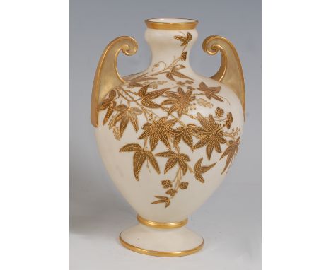 *A Royal Worcester porcelain twin handled vase, of baluster form, on an ivory ground with raised passion flower decoration he