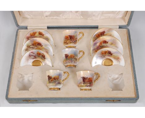 *A set of four Royal Worcester porcelain coffee cans and a matching set of six saucers, each painted with Highland cattle ami