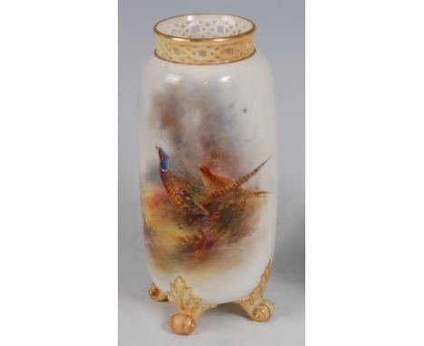 *A Royal Worcester porcelain vase, of cylindrical form, having reticulated neck, the body painted with cock and hen pheasants