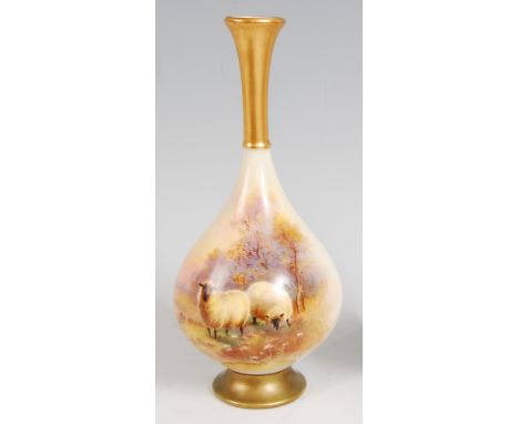 *A Royal Worcester porcelain vase, having trumpet shaped rim to slender neck and bulbous lower body, hand-painted with sheep 