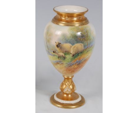 *A Royal Worcester porcelain ovoid pedestal vase, hand-painted with sheep and lamb amidst a landscape, signed E. Barker, havi