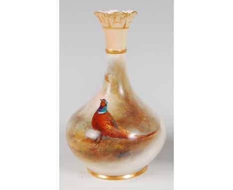 *A Royal Worcester porcelain vase, having a shaped rim to a slender neck and bulbous lower body, hand-painted with pheasant a