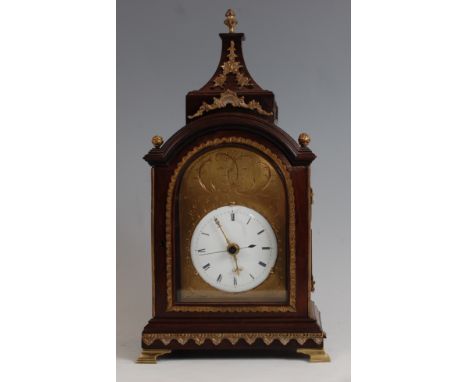 A 19th century Chinese rosewood and gilt brass mounted miniature bracket clock, in the mid-18th century English style, the co