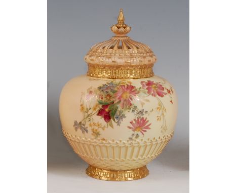 *A large Royal Worcester porcelain blush ivory pot pourri, of globular form, having pierced dome cover with basket weave deco