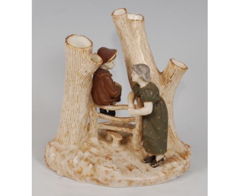 *A Royal Worcester Kate Greenaway Country Courtship spill holder group, modelled by James Hadley, having puce mark verso, fur