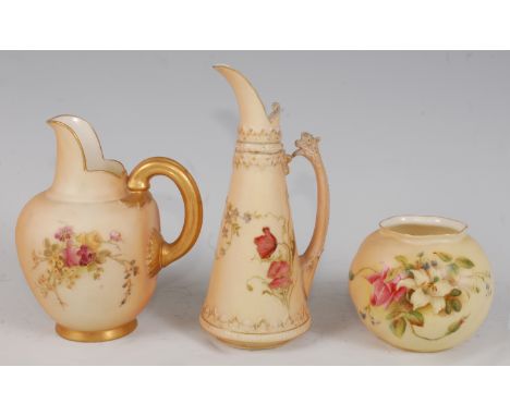 *A Royal Worcester porcelain blush ivory flat-back jug, hand-painted with floral sprays, having gilt handle, puce mark verso,