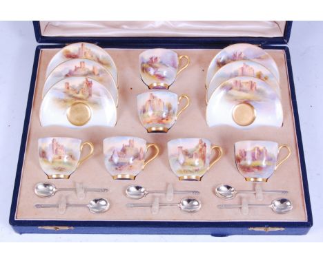 *A cased set of six Royal Worcester coffee cups and saucers, each piece hand-painted with a Scottish castle and signed 'Stint