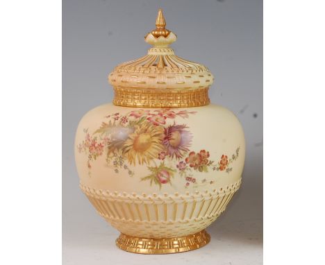 *A large Royal Worcester porcelain blush ivory pot pourri, of globular form, having pierced dome cover with basket weave deco