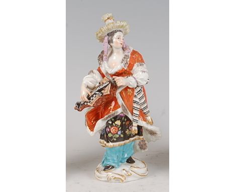 A late 19th century Meissen porcelain figure of a Malabar musician, after the original by Johann Joachim Kändler as a lady pl