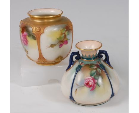 *A small Royal Worcester porcelain squat vase, each panel painted with pink roses and leaves, having green mark verso, shape 