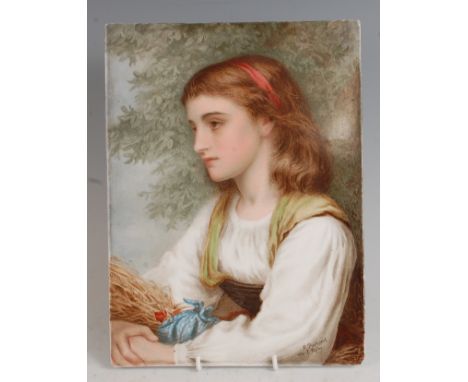 A 19th century painted porcelain plaque, depicting a half-length portrait of a harvest girl with sheaf of wheat, signed R. Pr