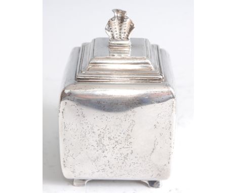 *A 19th century silver tea caddy, of convex cubic form, the sliding slide with hinged handle, 8.1oz, marks rubbed, w.8cm. Sev
