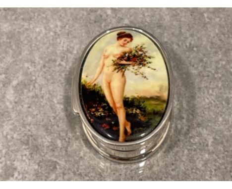 Sterling silver and enamel Pill box depicting a nude woman
