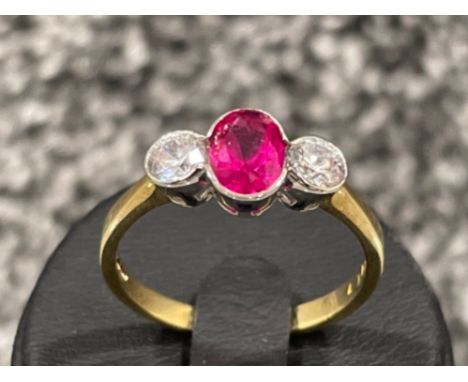 Ladies 9ct gold Ruby (synthetic) and CZ ring. 2.3G size P1/2