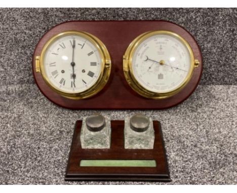 Well presented wall mounted Barometer and Clock in gold finish on Mahogany board along with a Inkwell