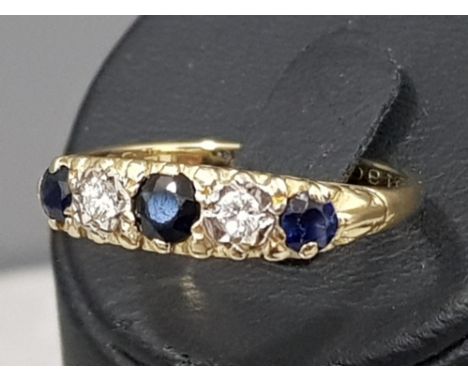 18ct vintage 5 stone diamond &amp; sapphire ring, size O